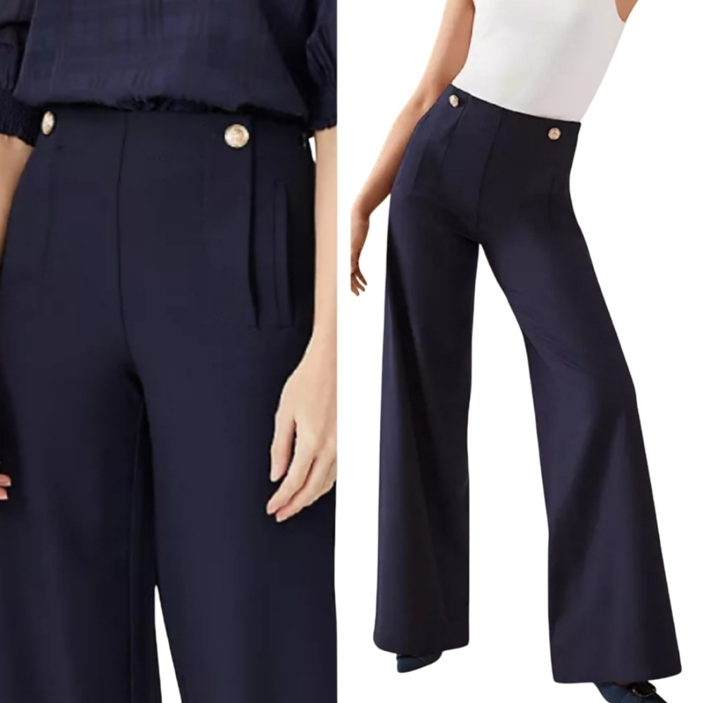 NWOT! ANN TAYLOR Navy Nautical Sailor Wide Leg Palazzo Pants Trousers 0.
